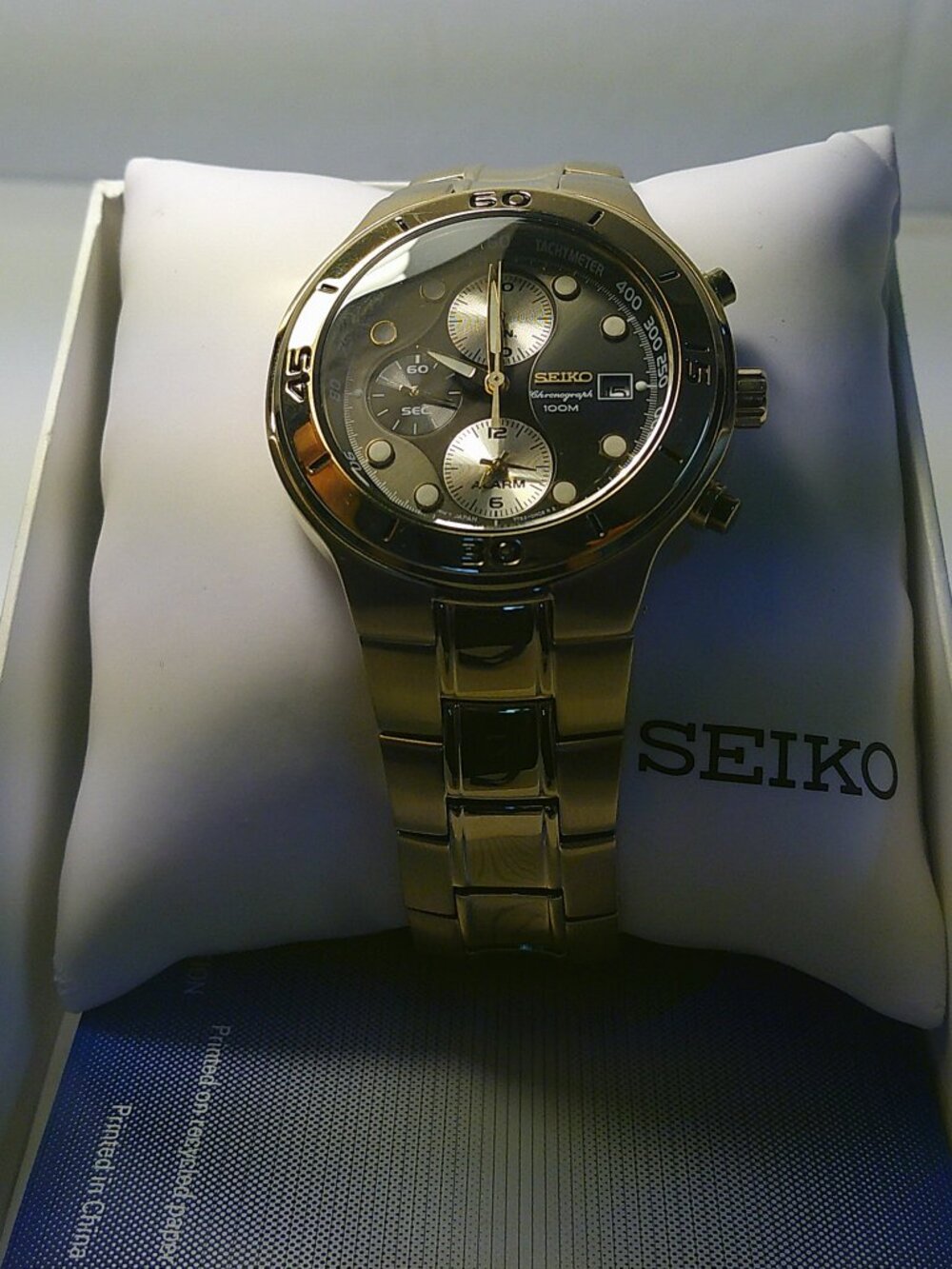 Seiko Chronograph Watch | Gold-Tone | Black Dial | Alarm Function | 100M Water